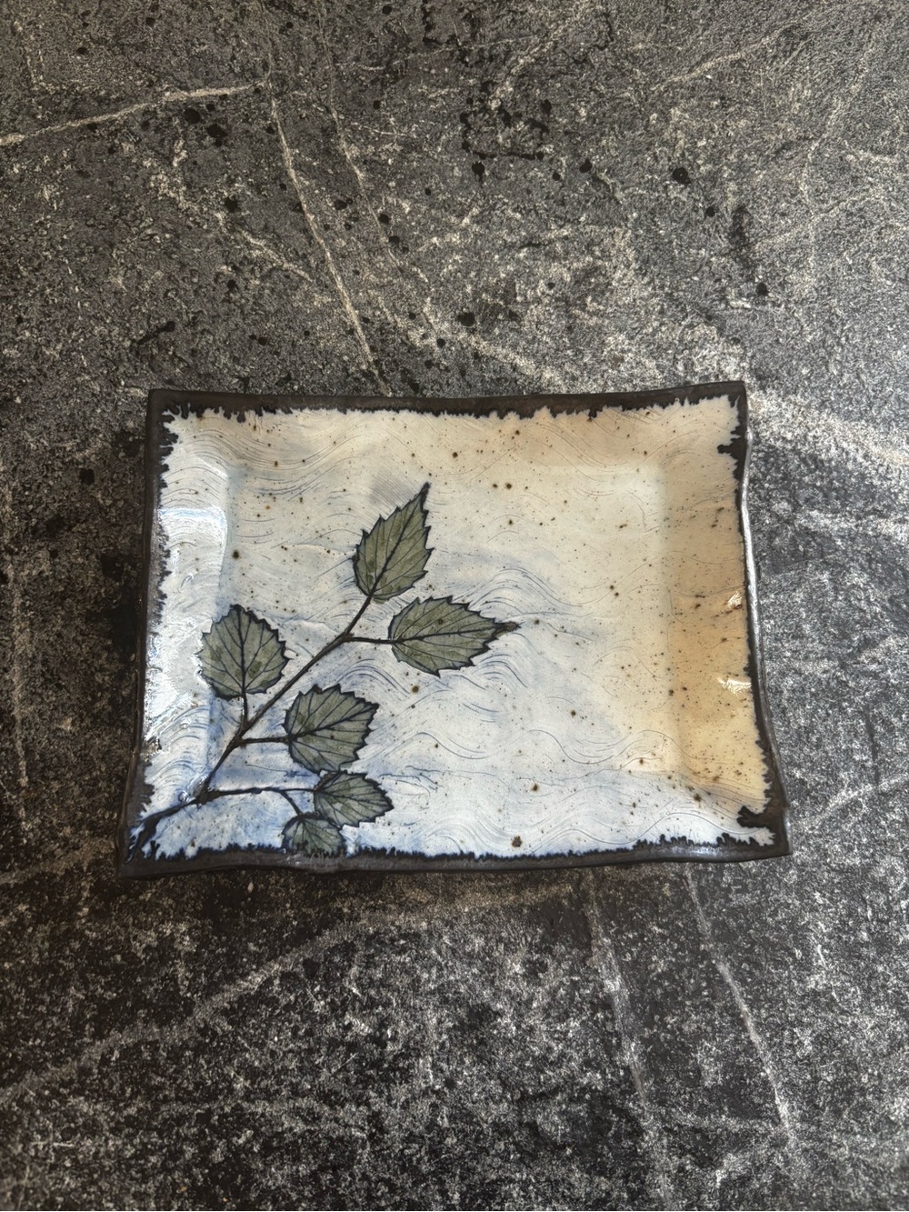 Handcrafted Ceramic Tray with Green Leaf Design